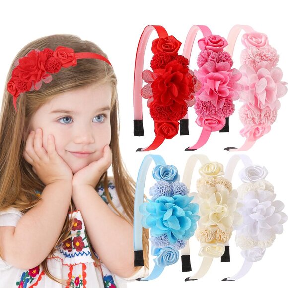 Girls Flower Headbands Set 6 Multicolor Floral Soft Fabric for Kids Parties - Picture 1 of 6